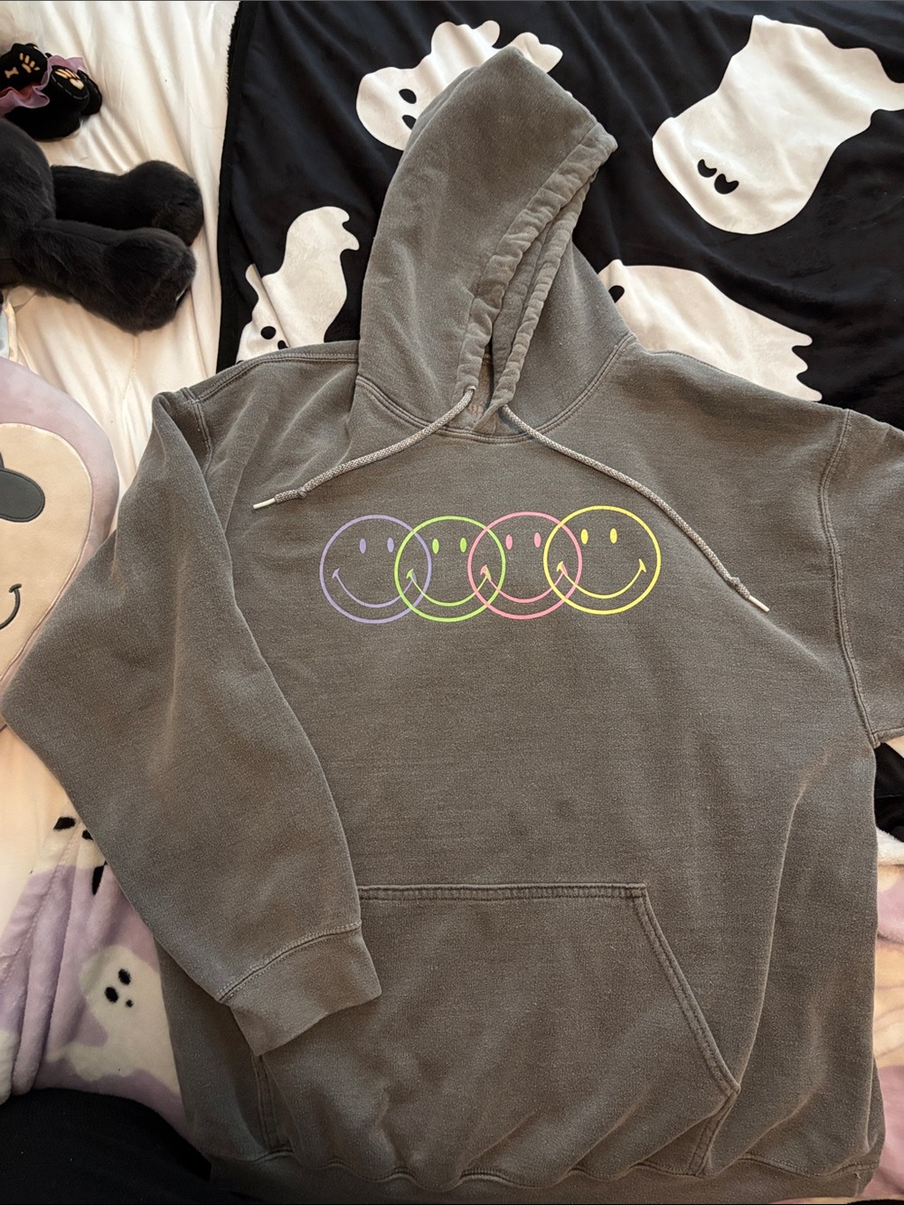 Pacsun Gray Hoodie with Neon Smiley Faces